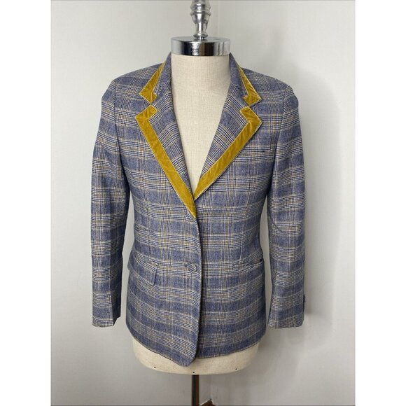 The GiGi Wool Blazer Jacket Plaid Blue Gold Velvet Collar Mens EU 40 US 30 Italy - Picture 1 of 12